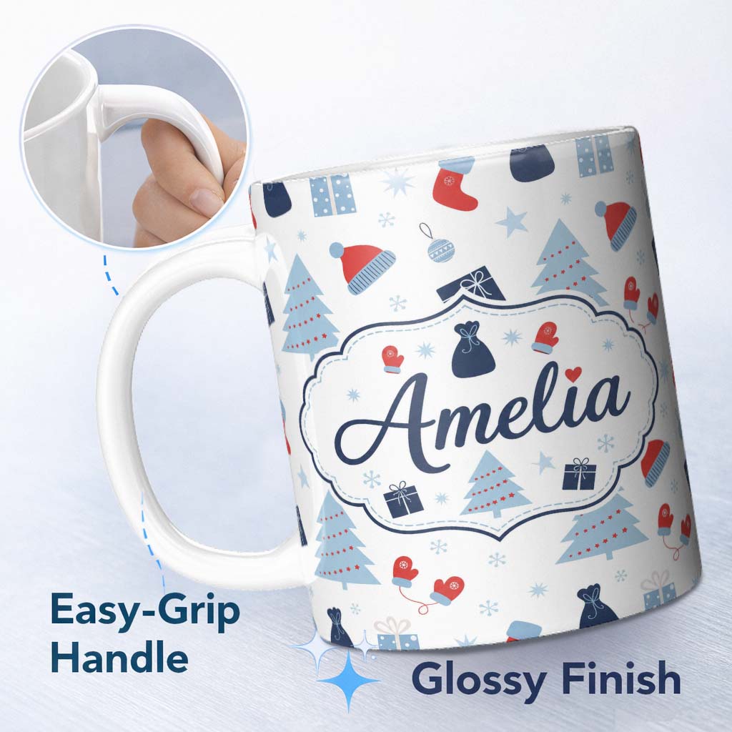 Personalized Custom Name Winter Christmas Trees Gifts Mittens Seamless Pattern Lovely 11oz Ceramic Coffee Tea Mug White Large Handle
