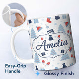 Personalized Custom Name Winter Christmas Trees Gifts Mittens Seamless Pattern Lovely 11oz Ceramic Coffee Tea Mug White Large Handle