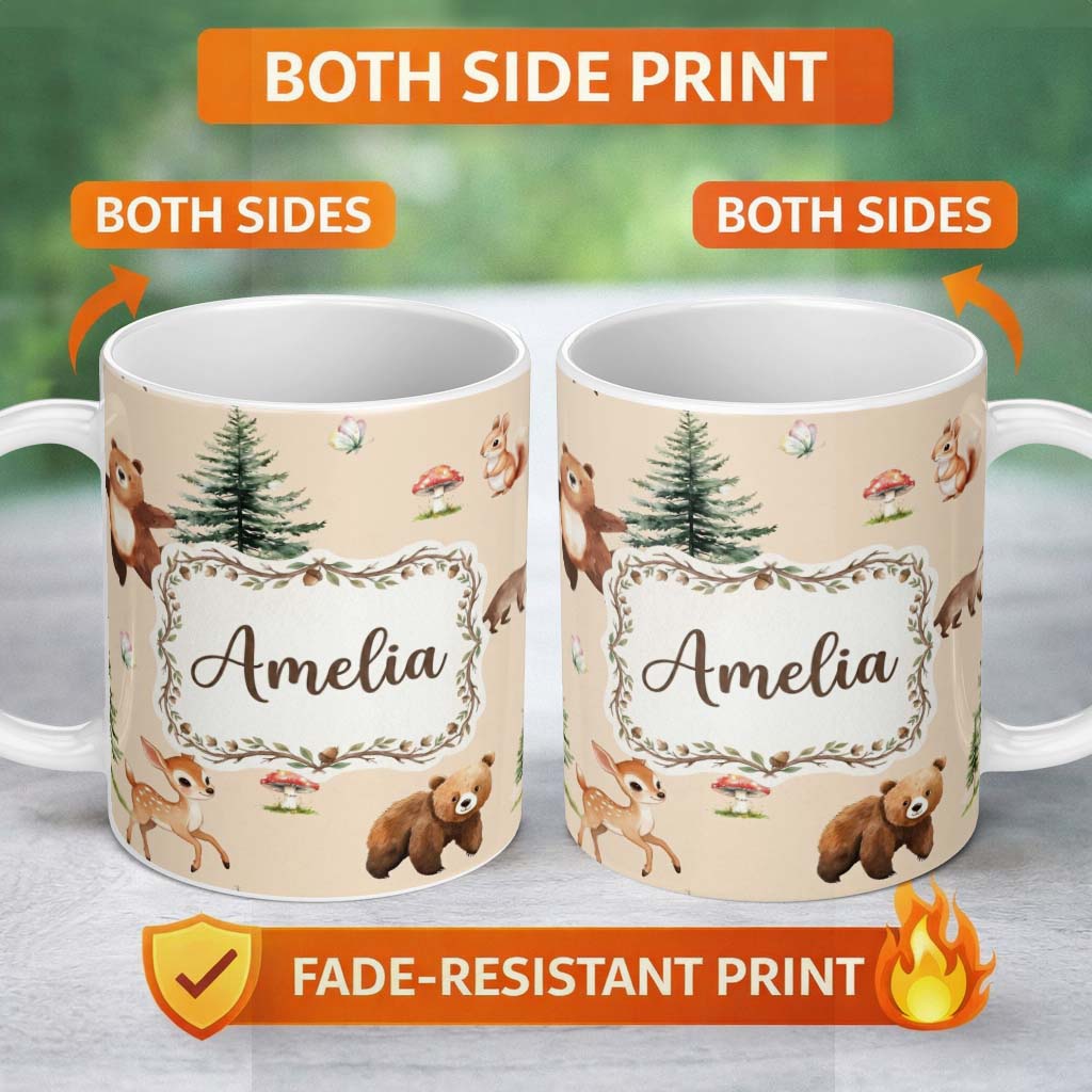 Personalized Custom Name Forest Animals Bear Bunny Squirrel Trees on Warm Beige Seamless 11oz Ceramic Coffee Tea Mug White Large Handle