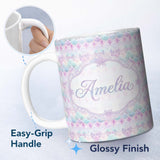 Personalized Custom Name Pastel Art Deco Floral Motif Soft Gradient Seamless Pattern Lovely 11oz Ceramic Coffee Tea Mug White Large Handle