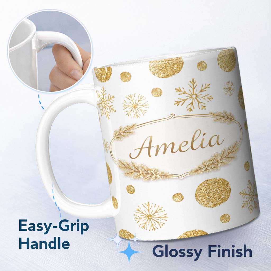 Personalized Custom Name Gold Snowflakes and Glitter Dots Seamless Pattern Cute Unique Gift 11oz Ceramic Coffee Tea Mug White Large Handle