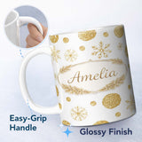 Personalized Custom Name Gold Snowflakes and Glitter Dots Seamless Pattern Cute Unique Gift 11oz Ceramic Coffee Tea Mug White Large Handle