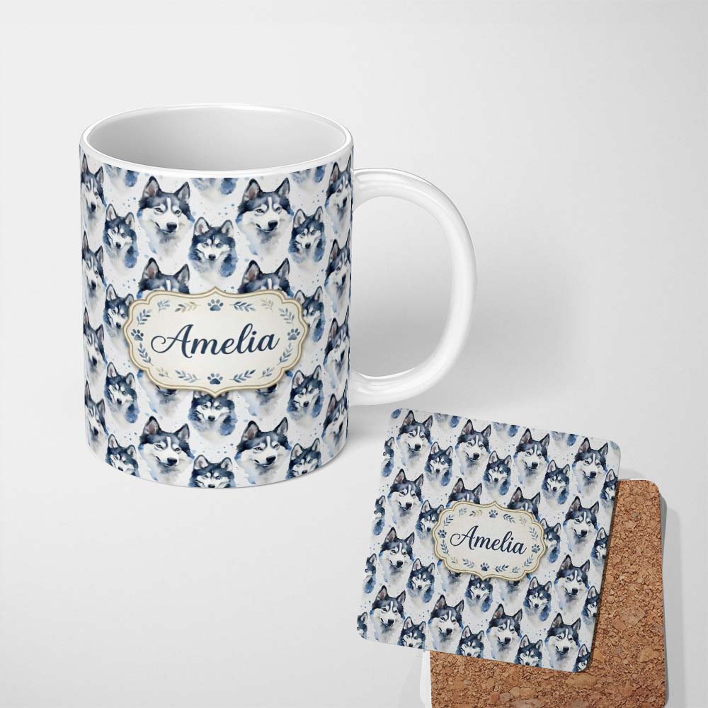 Personalized Custom Name Watercolor Husky Dog Faces Seamless Pattern Soft Blue Splash 11oz Ceramic Coffee Tea Mug White Large Handle