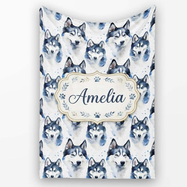 Watercolor Husky Dog Faces Seamless Pattern Soft Blue Splash  Personalised Custom Name Super Soft Fleece Blanket Bed Sofa Throw
