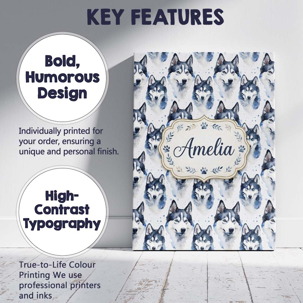 Personalised Name Watercolor Husky Dog Custom  Modern Room Accent Elegant Feature Canvas Wall Art Print Decor Picture Ready to Hang
