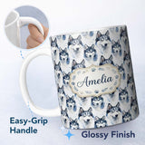 Personalized Custom Name Watercolor Husky Dog Faces Seamless Pattern Soft Blue Splash 11oz Ceramic Coffee Tea Mug White Large Handle