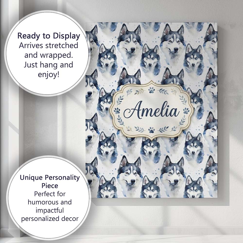 Personalised Name Watercolor Husky Dog Custom  Modern Room Accent Elegant Feature Canvas Wall Art Print Decor Picture Ready to Hang