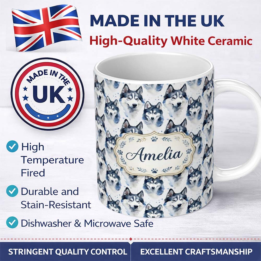 Personalized Custom Name Watercolor Husky Dog Faces Seamless Pattern Soft Blue Splash 11oz Ceramic Coffee Tea Mug White Large Handle