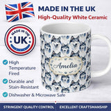 Personalized Custom Name Watercolor Husky Dog Faces Seamless Pattern Soft Blue Splash 11oz Ceramic Coffee Tea Mug White Large Handle
