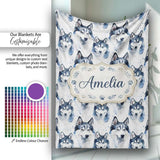 Watercolor Husky Dog Faces Seamless Pattern Soft Blue Splash  Personalised Custom Name Super Soft Fleece Blanket Bed Sofa Throw