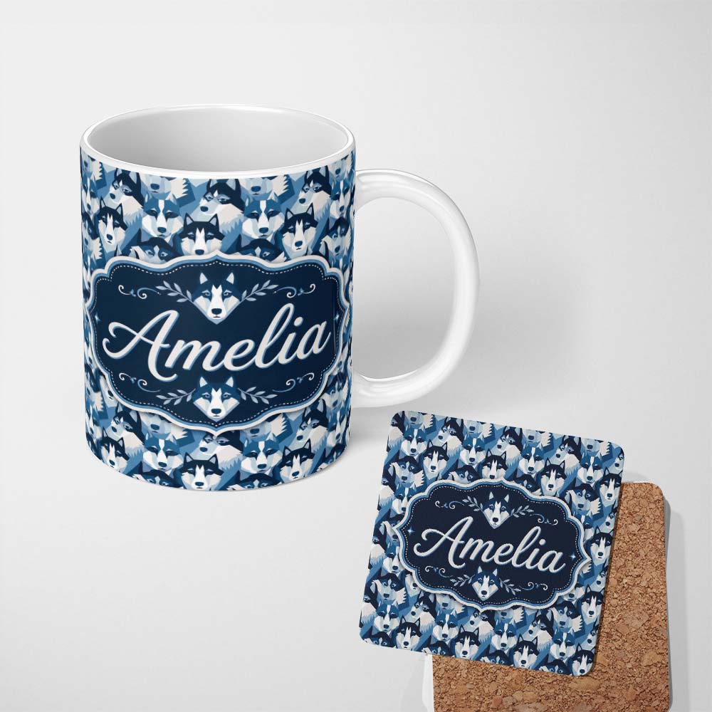 Personalized Custom Name Modern Geometric Husky Dog Heads Seamless Pattern Blue Tone 11oz Ceramic Coffee Tea Mug White Large Handle
