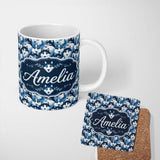 Personalized Custom Name Modern Geometric Husky Dog Heads Seamless Pattern Blue Tone 11oz Ceramic Coffee Tea Mug White Large Handle