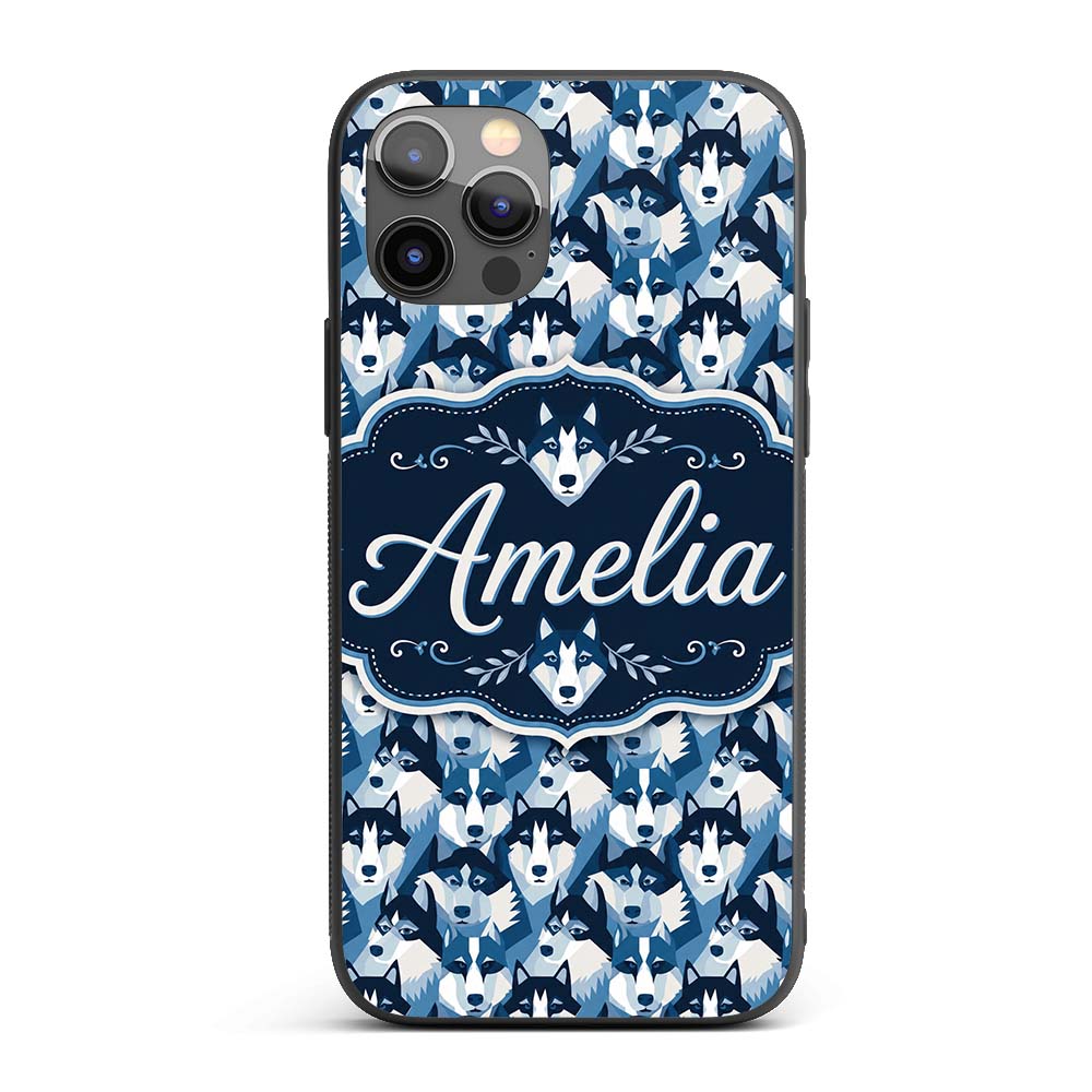 Modern Geometric Husky Dog Heads Seamless Pattern Custom Name Protective Phone Case Mobile Cover Durable Everyday Smartphone Shock Resistant