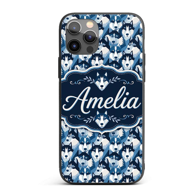 Modern Geometric Husky Dog Heads Seamless Pattern Custom Name Protective Phone Case Mobile Cover Durable Everyday Smartphone Shock Resistant