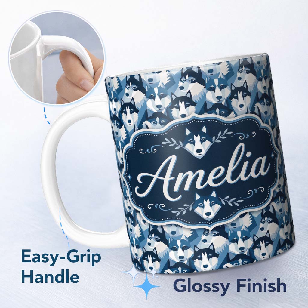 Personalized Custom Name Modern Geometric Husky Dog Heads Seamless Pattern Blue Tone 11oz Ceramic Coffee Tea Mug White Large Handle