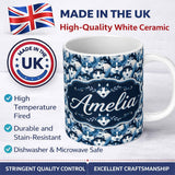 Personalized Custom Name Modern Geometric Husky Dog Heads Seamless Pattern Blue Tone 11oz Ceramic Coffee Tea Mug White Large Handle