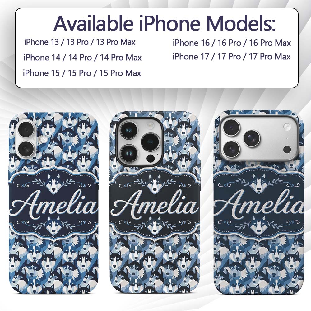 Modern Geometric Husky Dog Heads Seamless Pattern Custom Name Protective Phone Case Mobile Cover Durable Everyday Smartphone Shock Resistant