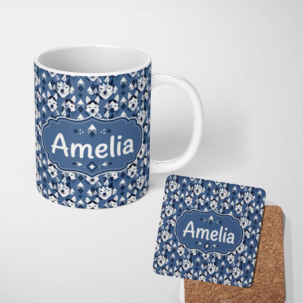 Personalized Custom Name Nordic Husky Dog and Trees Seamless Pattern Winter Style Blue 11oz Ceramic Coffee Tea Mug White Large Handle
