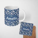 Personalized Custom Name Nordic Husky Dog and Trees Seamless Pattern Winter Style Blue 11oz Ceramic Coffee Tea Mug White Large Handle