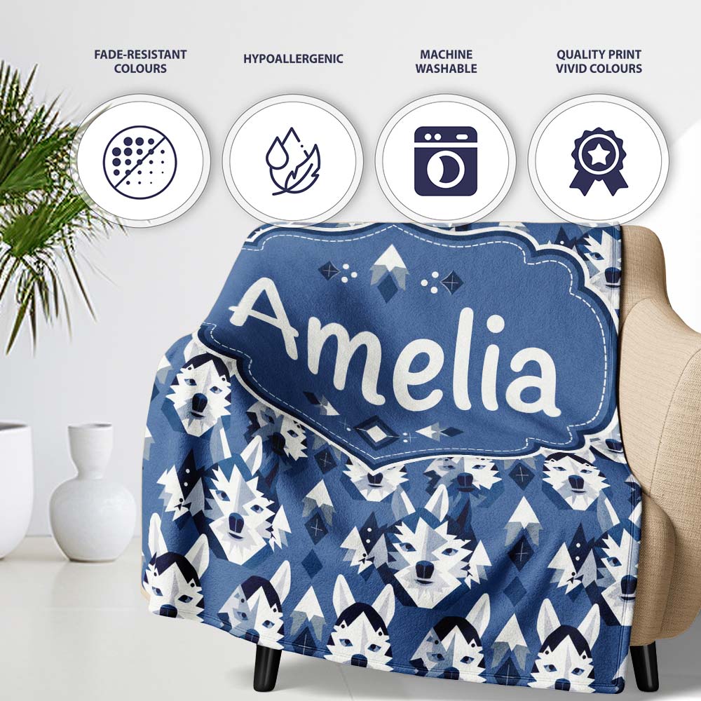 Nordic Husky Dog and Trees Seamless Pattern Winter Style Blue  Personalised Custom Name Super Soft Fleece Blanket Bed Sofa Throw
