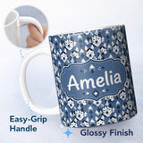 Personalized Custom Name Nordic Husky Dog and Trees Seamless Pattern Winter Style Blue 11oz Ceramic Coffee Tea Mug White Large Handle