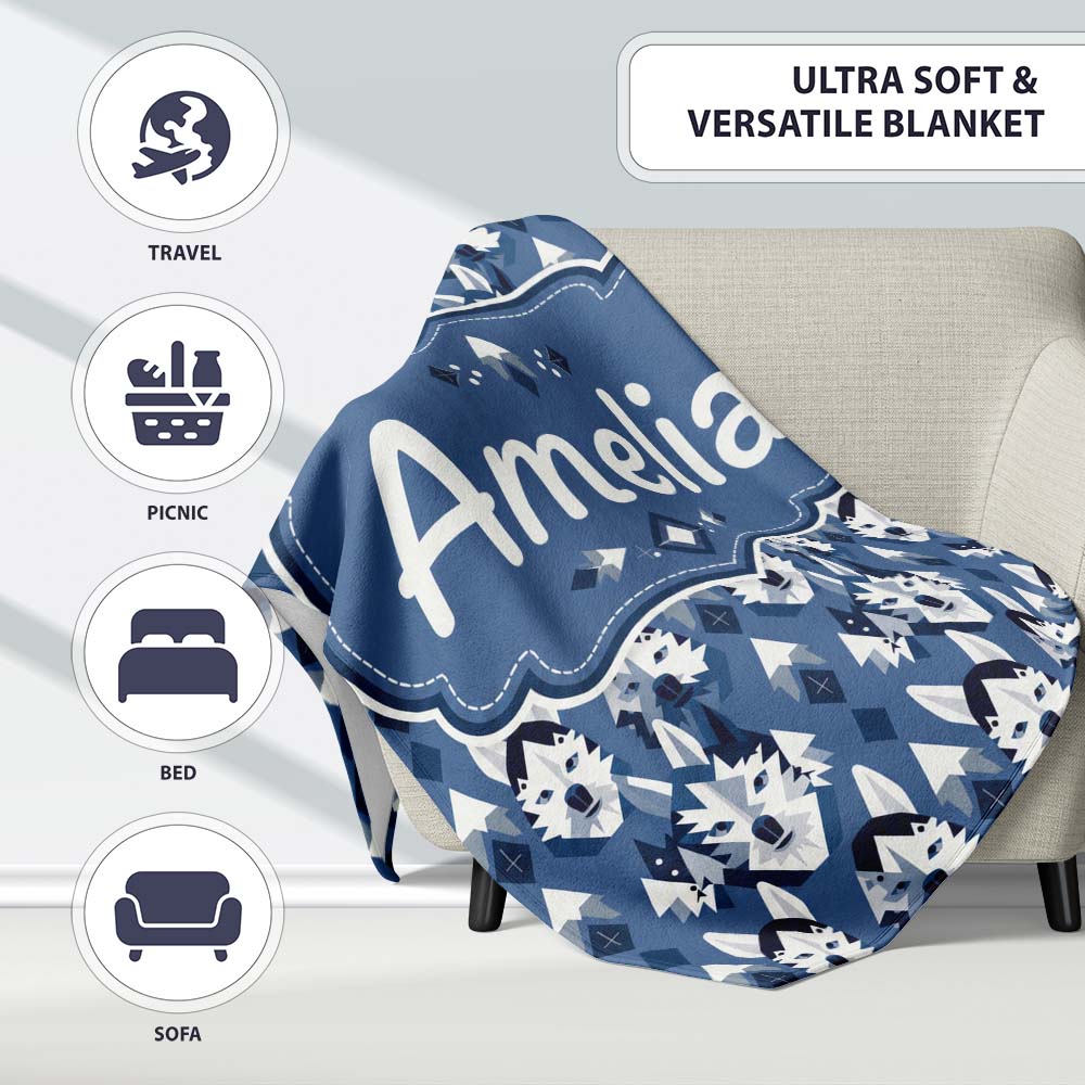 Nordic Husky Dog and Trees Seamless Pattern Winter Style Blue  Personalised Custom Name Super Soft Fleece Blanket Bed Sofa Throw