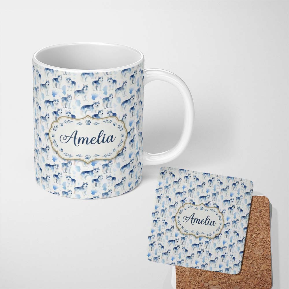 Personalized Custom Name Watercolor Full Body Husky Dogs Seamless Pattern Soft Artistic 11oz Ceramic Coffee Tea Mug White Large Handle