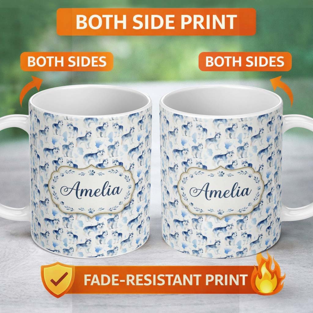 Personalized Custom Name Watercolor Full Body Husky Dogs Seamless Pattern Soft Artistic 11oz Ceramic Coffee Tea Mug White Large Handle