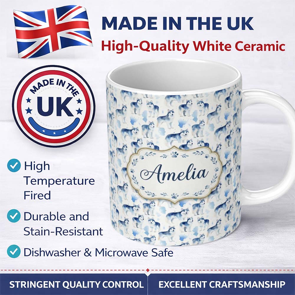 Personalized Custom Name Watercolor Full Body Husky Dogs Seamless Pattern Soft Artistic 11oz Ceramic Coffee Tea Mug White Large Handle