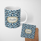 Personalized Custom Name Cute Cartoon Husky Dog Faces Seamless Pattern Blue Heart Background 11oz Ceramic Coffee Tea Mug White Large Handle