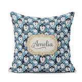 Custom Name Cartoon Husky Dog Faces Seamless Pattern Blue Heart Square Filled Cushion Throw Pillow Sofa Bed Home Decor Zip Washable UK Made