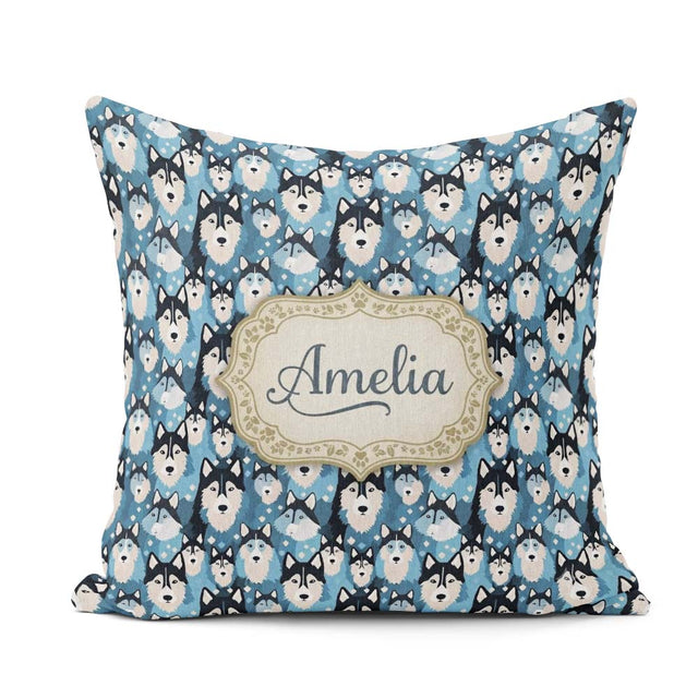 Custom Name Cartoon Husky Dog Faces Seamless Pattern Blue Heart Square Filled Cushion Throw Pillow Sofa Bed Home Decor Zip Washable UK Made