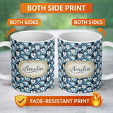 Personalized Custom Name Cute Cartoon Husky Dog Faces Seamless Pattern Blue Heart Background 11oz Ceramic Coffee Tea Mug White Large Handle