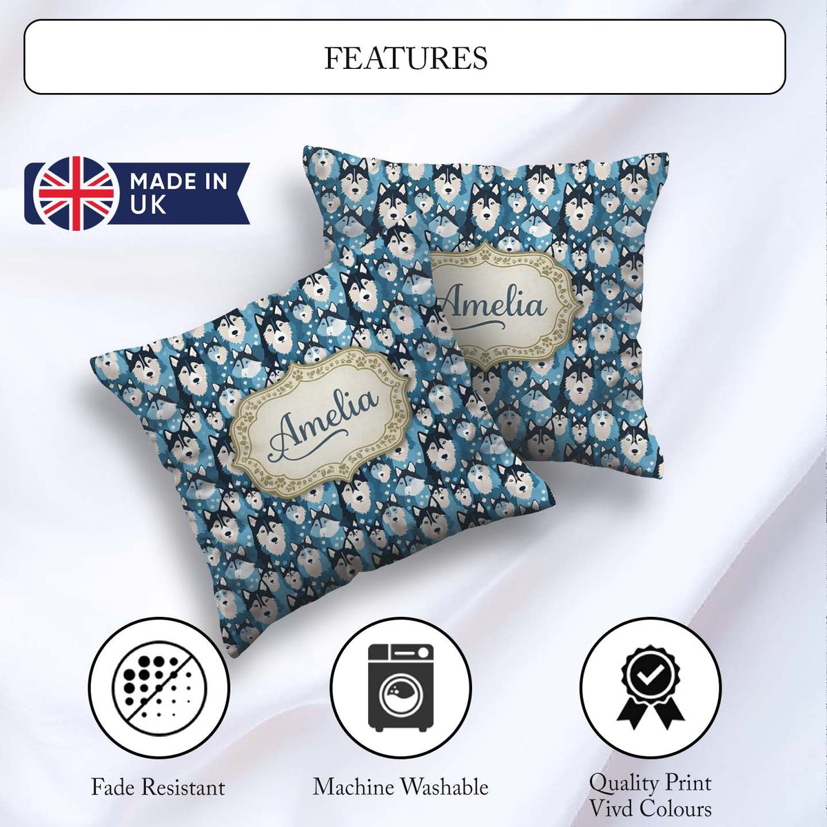 Custom Name Cartoon Husky Dog Faces Seamless Pattern Blue Heart Square Filled Cushion Throw Pillow Sofa Bed Home Decor Zip Washable UK Made