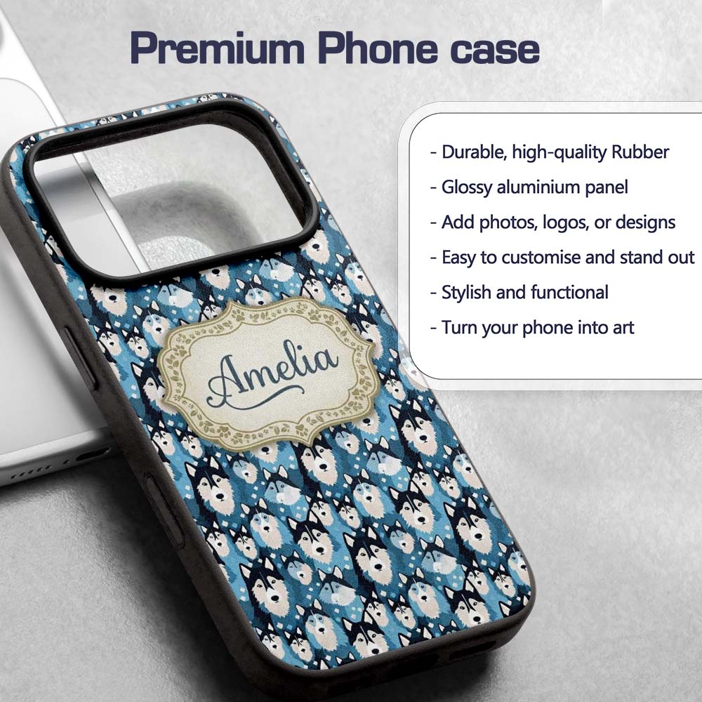 Cute Cartoon Husky Dog Faces Seamless Pattern Custom Name Protective Phone Case Mobile Cover Durable Everyday Smartphone Shock Resistant