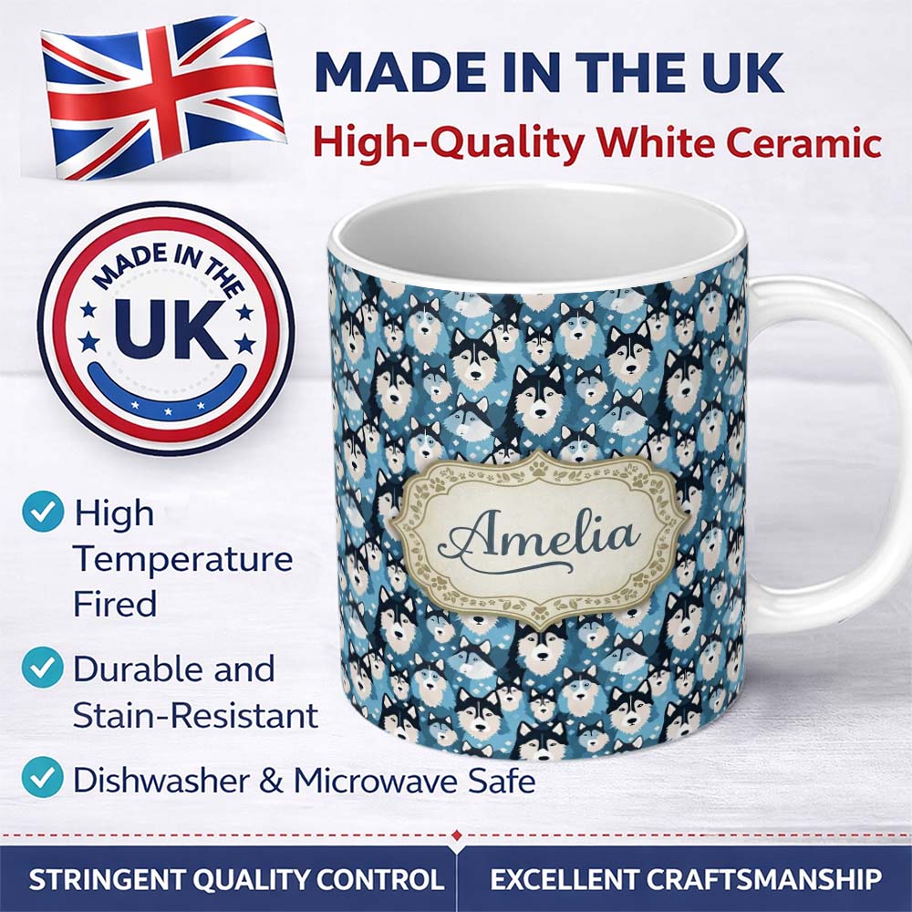 Personalized Custom Name Cute Cartoon Husky Dog Faces Seamless Pattern Blue Heart Background 11oz Ceramic Coffee Tea Mug White Large Handle