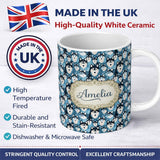 Personalized Custom Name Cute Cartoon Husky Dog Faces Seamless Pattern Blue Heart Background 11oz Ceramic Coffee Tea Mug White Large Handle
