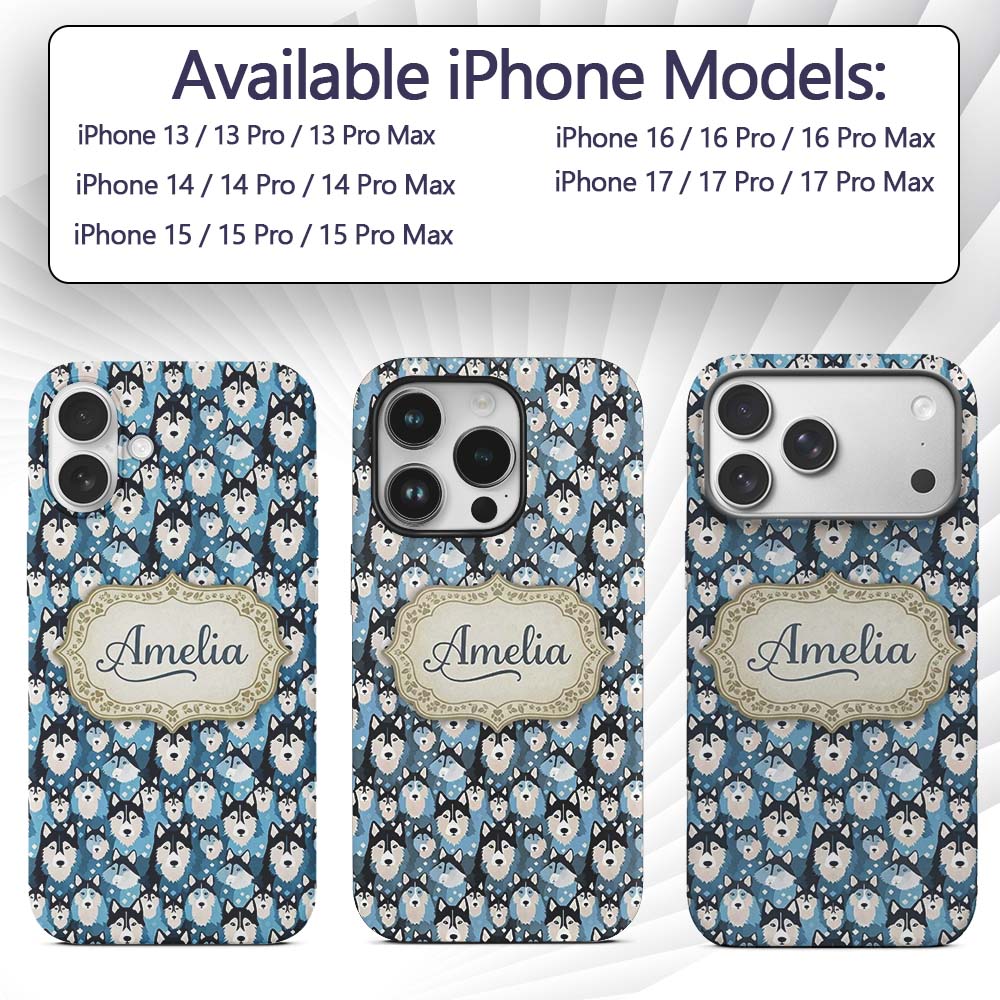 Cute Cartoon Husky Dog Faces Seamless Pattern Custom Name Protective Phone Case Mobile Cover Durable Everyday Smartphone Shock Resistant