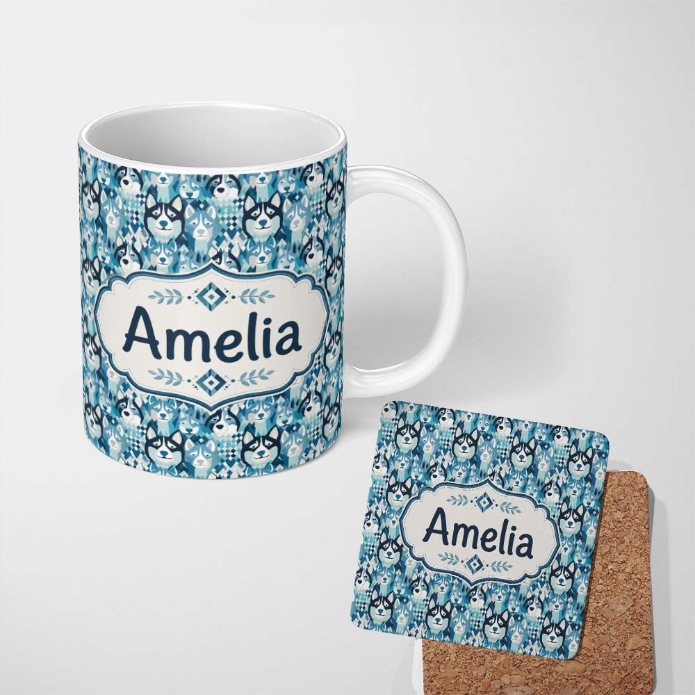 Personalized Custom Name Argyle Style Husky Dog Faces Seamless Pattern Blue Geometric 11oz Ceramic Coffee Tea Mug White Large Handle