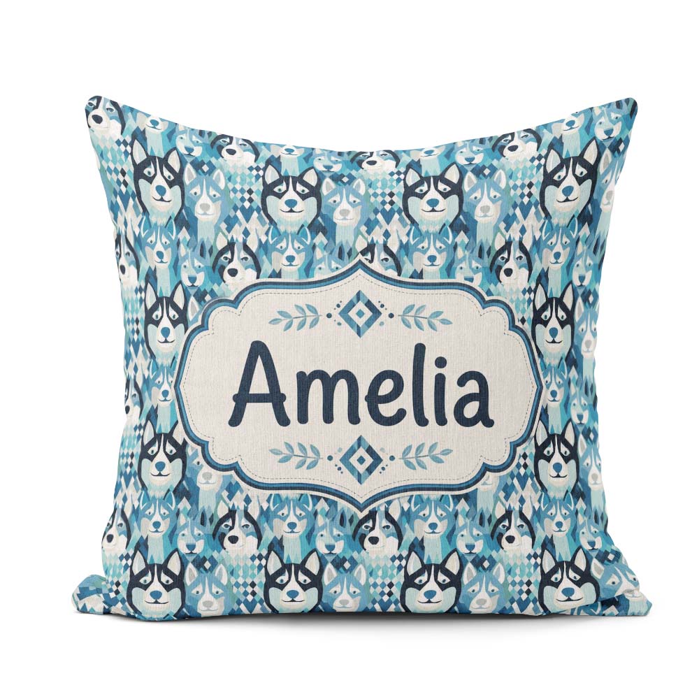 Custom Name Argyle Style Husky Dog Faces Seamless Blue Geometric Square Filled Cushion Throw Pillow Sofa Bed Home Decor Zip Washable UK Made