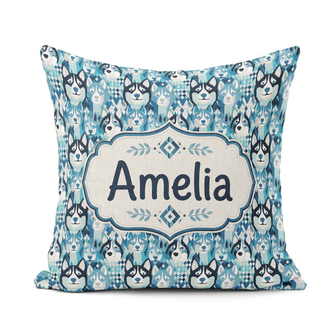 Custom Name Argyle Style Husky Dog Faces Seamless Blue Geometric Square Filled Cushion Throw Pillow Sofa Bed Home Decor Zip Washable UK Made