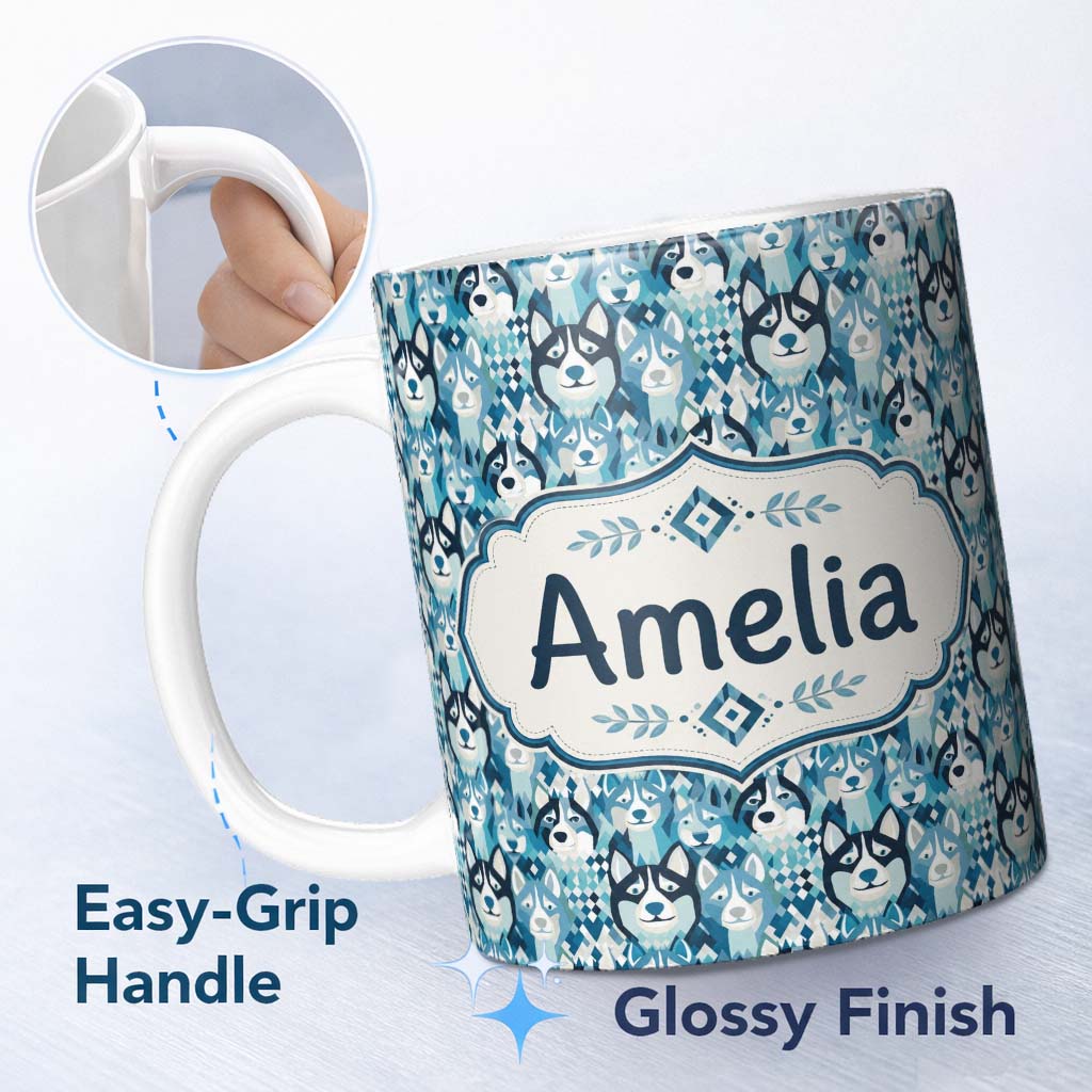 Personalized Custom Name Argyle Style Husky Dog Faces Seamless Pattern Blue Geometric 11oz Ceramic Coffee Tea Mug White Large Handle