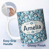 Personalized Custom Name Argyle Style Husky Dog Faces Seamless Pattern Blue Geometric 11oz Ceramic Coffee Tea Mug White Large Handle