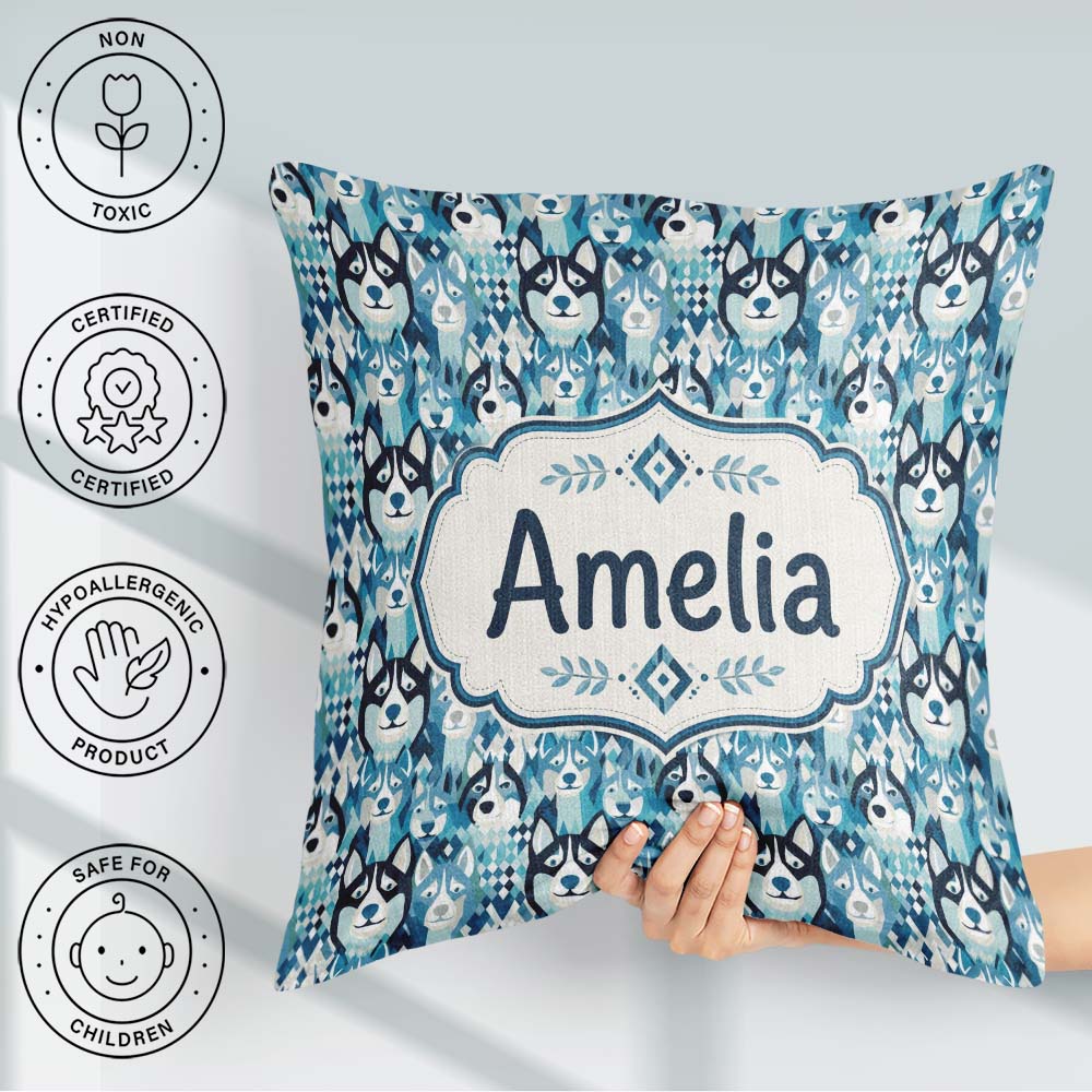 Custom Name Argyle Style Husky Dog Faces Seamless Blue Geometric Square Filled Cushion Throw Pillow Sofa Bed Home Decor Zip Washable UK Made