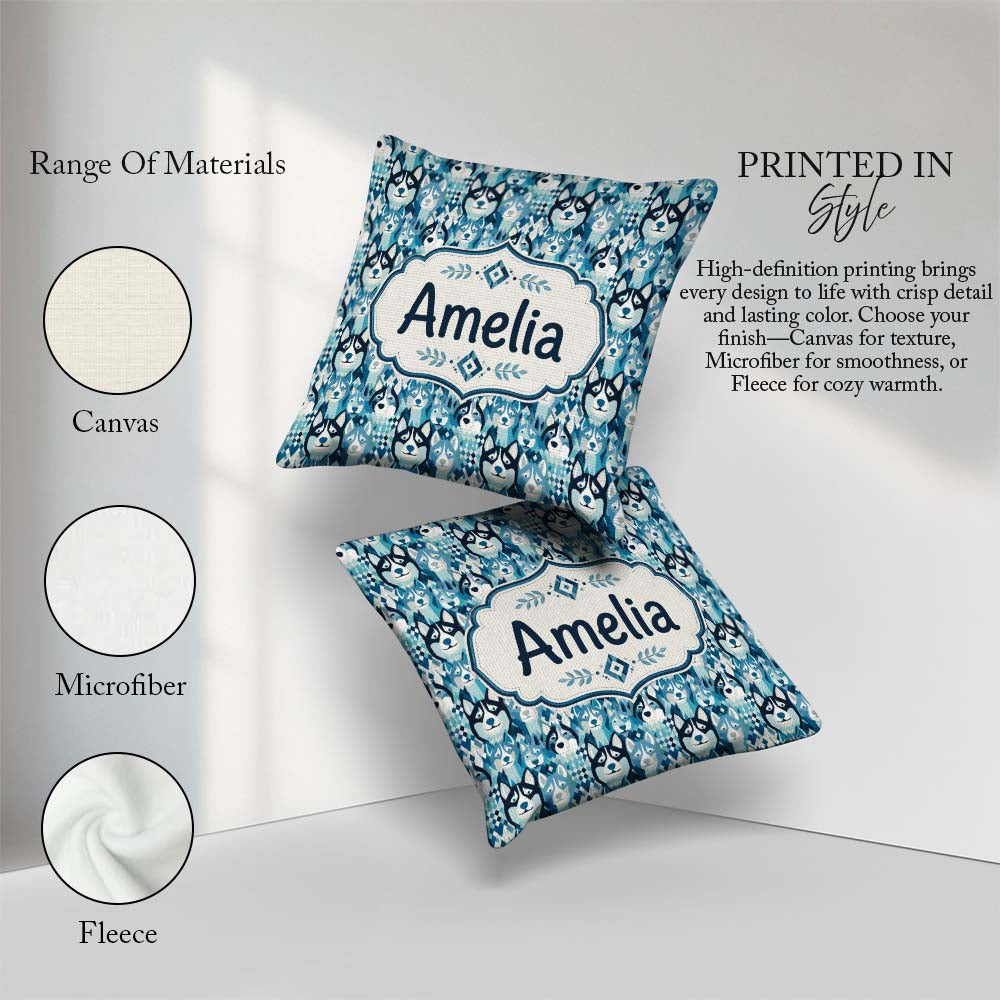 Custom Name Argyle Style Husky Dog Faces Seamless Blue Geometric Square Filled Cushion Throw Pillow Sofa Bed Home Decor Zip Washable UK Made