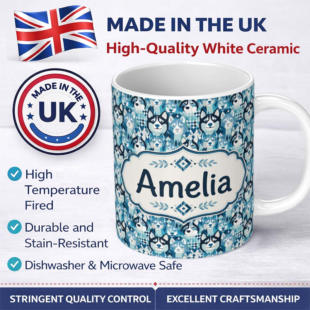 Personalized Custom Name Argyle Style Husky Dog Faces Seamless Pattern Blue Geometric 11oz Ceramic Coffee Tea Mug White Large Handle