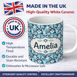 Personalized Custom Name Argyle Style Husky Dog Faces Seamless Pattern Blue Geometric 11oz Ceramic Coffee Tea Mug White Large Handle