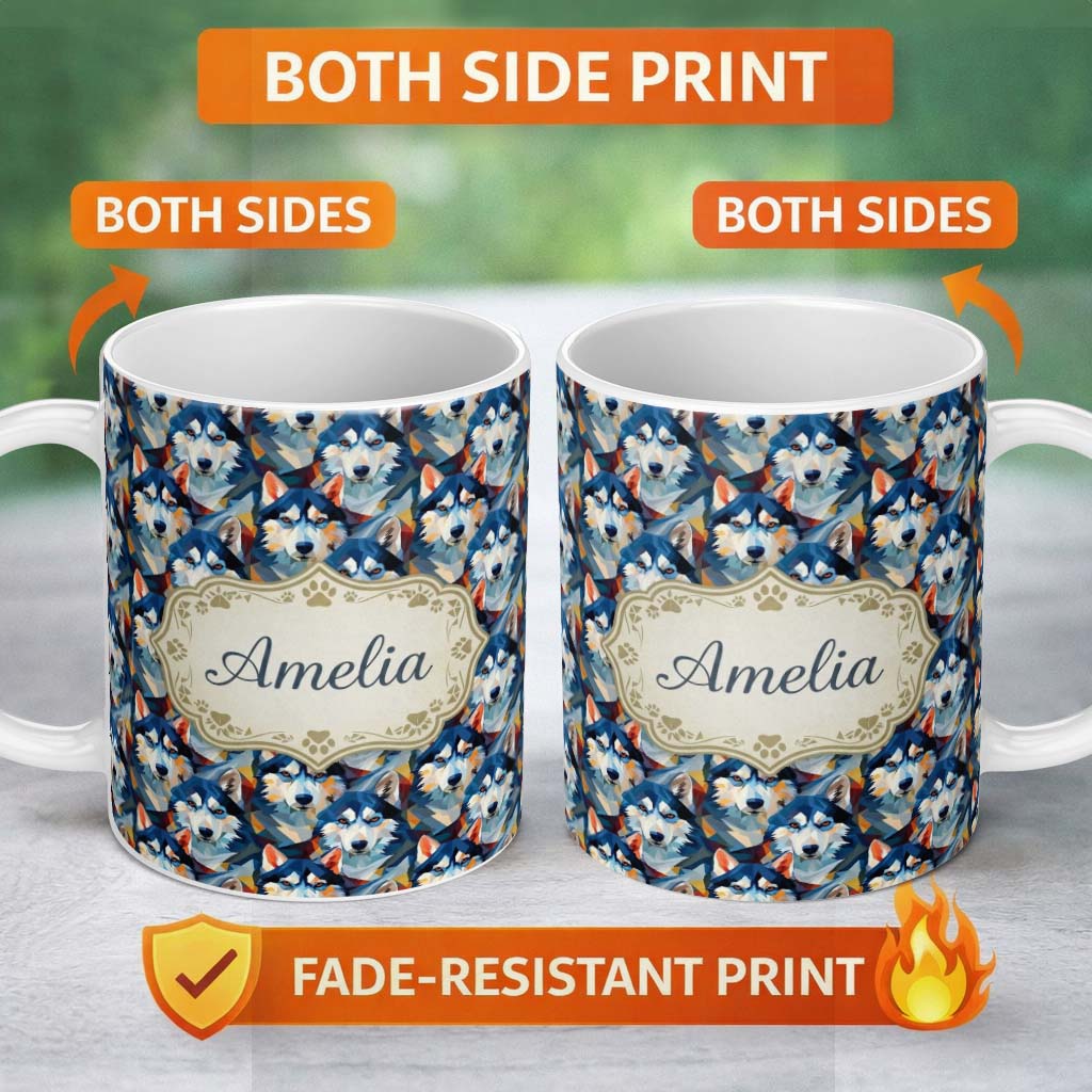Personalized Custom Name Colorful Polygon Husky Portrait Seamless Pattern Vibrant Abstract 11oz Ceramic Coffee Tea Mug White Large Handle