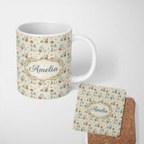 Personalized Custom Name Cute Blue White Kitten with Roses Seamless Pattern Vintage Floral 11oz Ceramic Coffee Tea Mug White Large Handle
