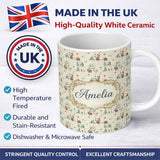 Personalized Custom Name Cute Blue White Kitten with Roses Seamless Pattern Vintage Floral 11oz Ceramic Coffee Tea Mug White Large Handle